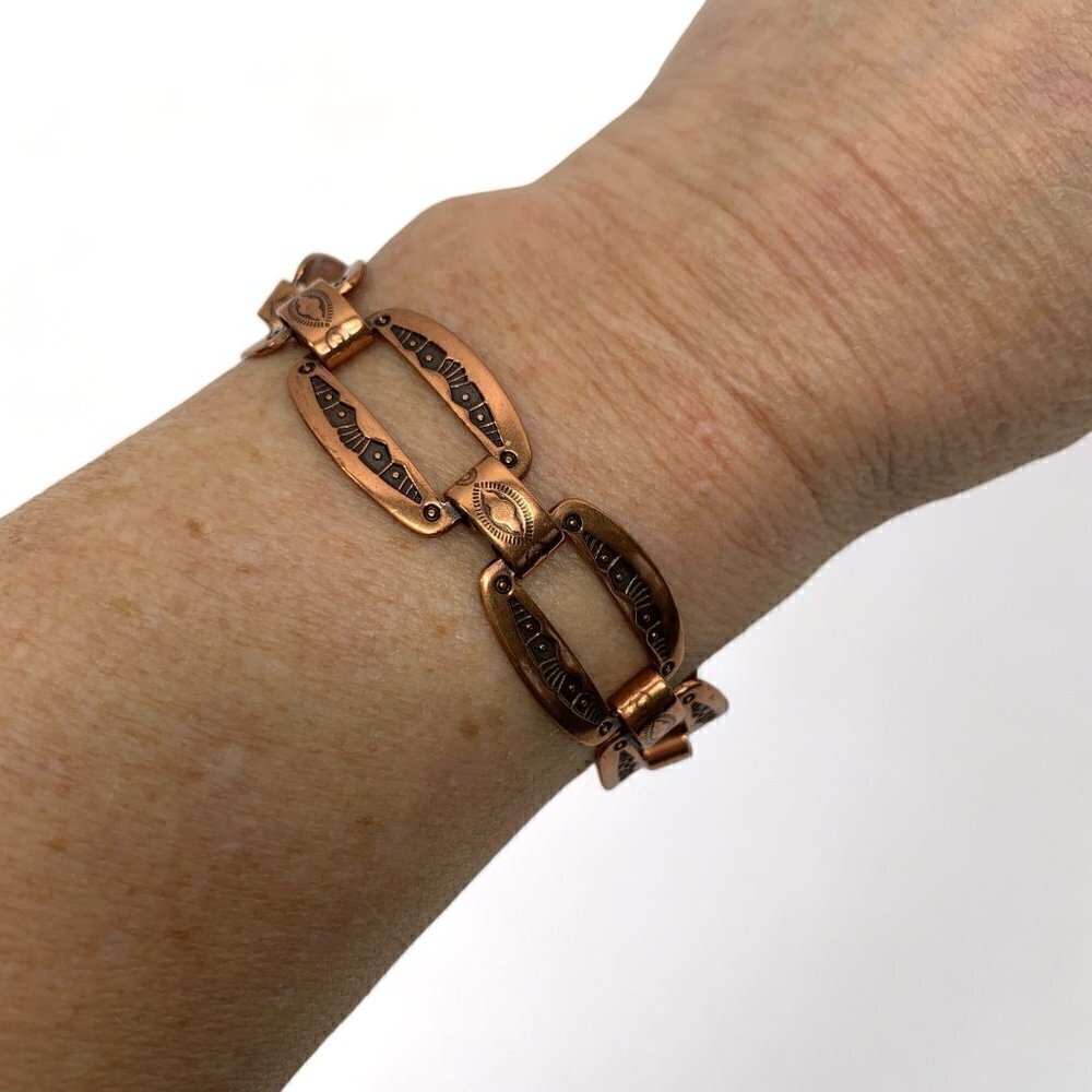 Vintage Solid Copper & Etched Enamel Chainlink Bracelet Southwest Design 8”L